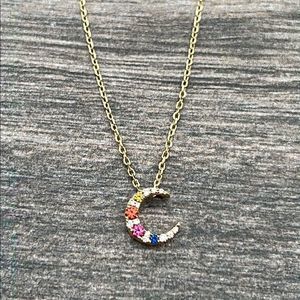 14K Yellow Gold Mini Diamond and Sapphire Crescent Moon Necklace
